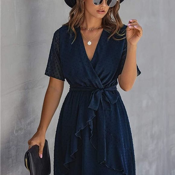 Nwt BTFBM Women Faux Wrap Swiss Dot V-Neck, Ruffle Hem Dress - Picture 3 of 5